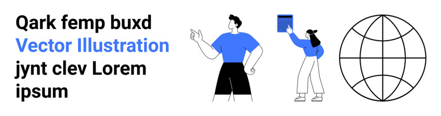 Global communication, technology, teamwork, collaboration, education, social connection. Stylized human figures interacting with a globe symbol and holding objects. Global communication