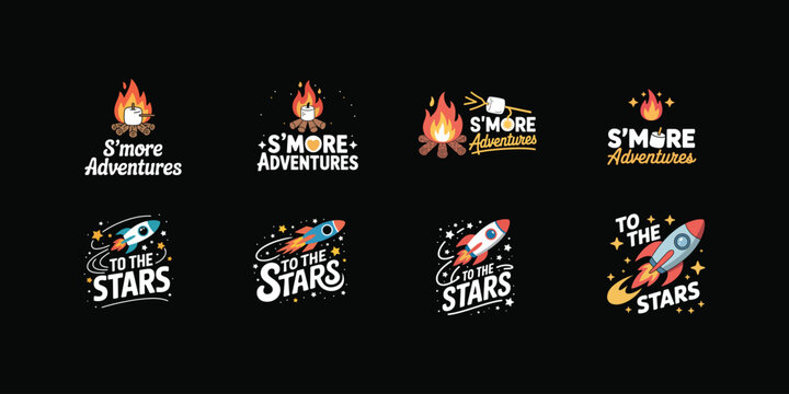 Campfire Smores and Rocket Ship Illustrations With Text Over Black Background Keywords: s'more