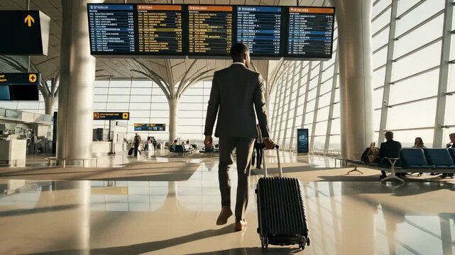 executive walking swiftly past digital departure displays in bright atrium, corporate individual briskly traversing modern airport with rolling luggage amid busy travelers and vibrant