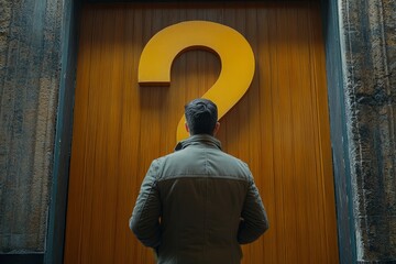 Man leaving a question mark room, symbolizing inquiry or decision-making, captured in a thought-provoking close-up shot, Generative AI