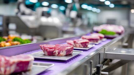 Meat processing plant, stainless steel tables, conveyor belts visible, automated slicers equipment, bright hygiene lighting, detailed workflow environment, industrial food facility