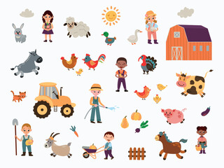 Colorful illustration with a set of cartoon farm and animals. White background, isolated. 
