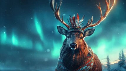 Majestic elk in winter attire under northern lights