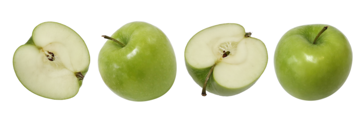 Green apple whole and cut in half views