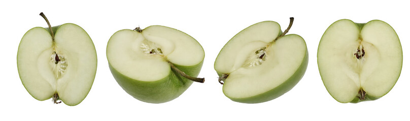 Green apple halves shown from multiple angles