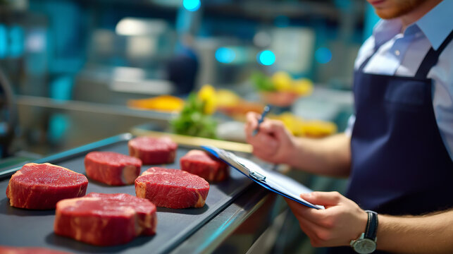 Meat processing worker, inspecting quality steaks, raw beef display, production line factory, quality control activity, food safety emphasis, industrial facility work, faceless ins