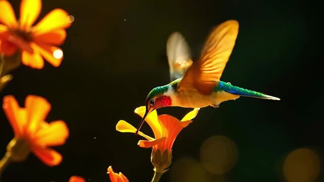 bright hummingbird bird over a flower on a dark background
