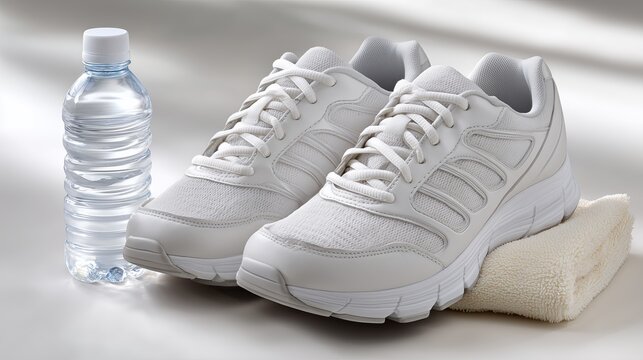 White athletic shoes placed next to a water bottle and towel on a surface - Powered by Adobe