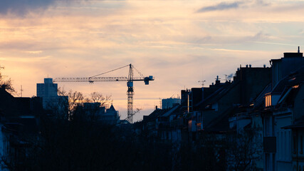 Crane in the Sunset of Duesseldorf Germany in November 2025 - City Developement. High quality photo