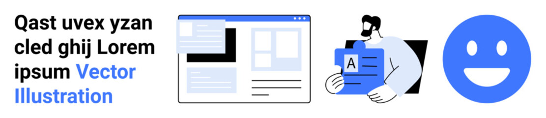 Identity verification, user experience, digital security, online interaction, authentication, personal data. Interface with profile, a person holding a card blue smiling face. Identity verification