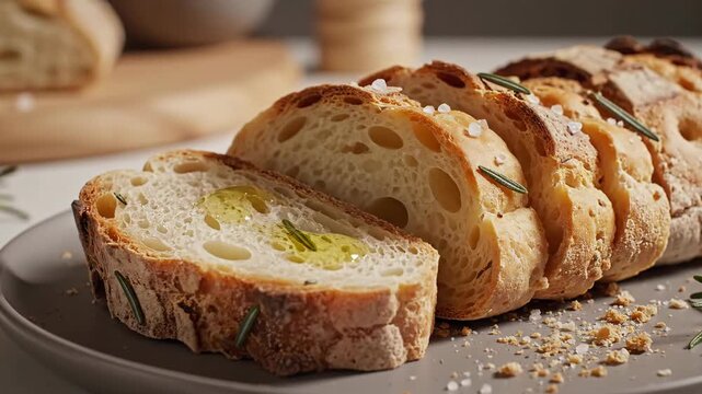 Delicious artisan bread slices drizzled with olive oil, garnished with rosemary and sea salt.