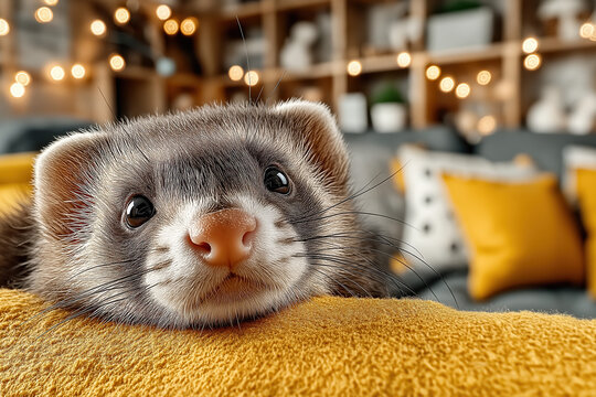 Portrait de mignon petit furet domestique curieux avec fourrure douce, animal de compagnie exotique et joueur regardant la cam&eacute;ra