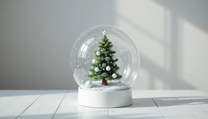 Minimal White Theme > Minimalist white snow globe with soft green Christmas tree