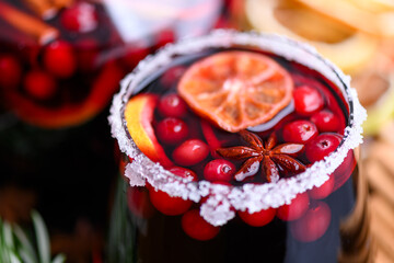 Mulled wine in glasses prepared on Christmas holidays. Food and drink photography