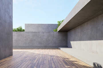 Minimal style outdoor space with wooden deck and concrete wall 3D render