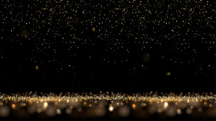 Obraz premium Luxury golden glitter background with glowing confetti on dark. Sparkling particles over magic glittering floor. Shimmering pattern with soft bokeh effects. Elegant festive vector illustration