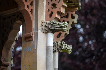 Dragon Heads on the Chinese Bell Tower in The Arboretum, Nottingham