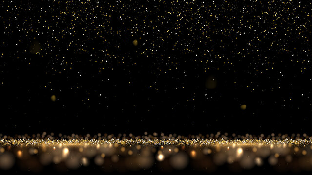Luxury golden glitter background with glowing confetti on dark. Sparkling particles over magic glittering floor. Shimmering pattern with soft bokeh effects. Elegant festive vector illustration