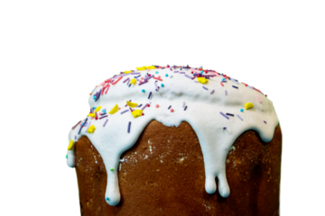 Iced Easter Kulich with Vibrant Confectionery Decor Isolated Close-Up