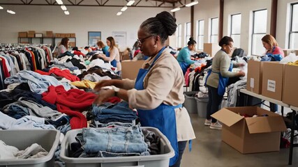 african american volunteer sorting donated clothing amid racks and bins, folding jackets and jeans, labeling women's outerwear, packing boxes, smiling colleagues in background, sunlit industrial - Powered by Adobe
