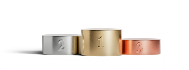 Gold, silver, and bronze winners podium isolated on transparent background. 3D render.