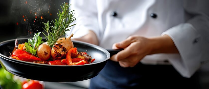 Chef prepares fresh vegetables in a frying pan with herbs at a kitchen during a busy cooking session - Powered by Adobe