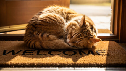 Tabby cat sleeping on welcome mat symbolizing warmth and hospitality