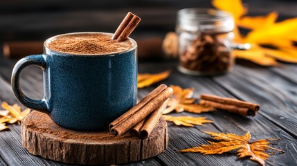 Warm cinnamon coffee in autumn leaves cozy kitchen setting food photography seasonal atmosphere close-up view comfort drink