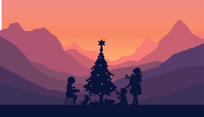 Flat vector Mountain landscape. Morning forest panorama, pine trees, and mountain silhouettes. Christmas themed vector background.