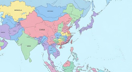 Fototapeta premium Political Map of East Asia Showing Countries and Capitals.
