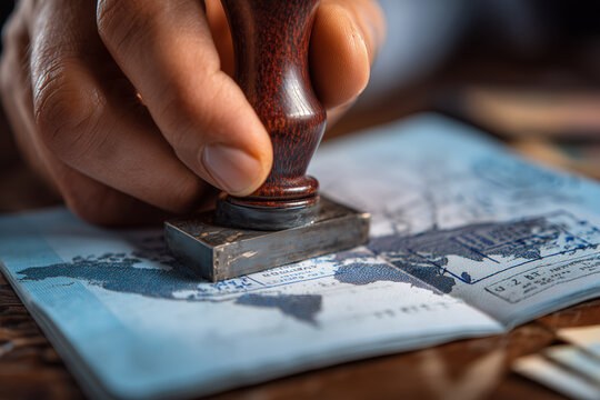 Expert hand stamps passport with official seal signifying approval for international travel and global opportunities - Powered by Adobe