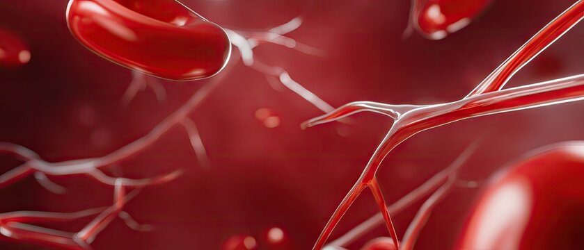 Close-up view of red blood cells flowing through blood vessels in a dynamic biological environment showcasing human anatomy - Powered by Adobe