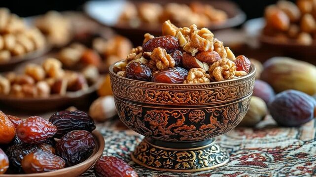 Close-up of a traditional Ashura dessert bowl, surrounded by dates, nuts, and figs on a decorative tablecloth.