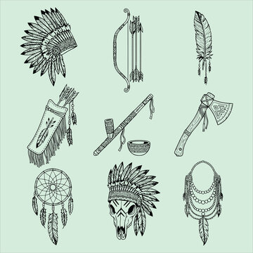 Native american tribal artifacts vector collection line drawing
