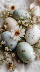 Obraz premium Luxury pastel Easter eggs with flowers in soft spring setting