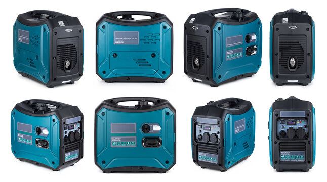 A modern blue portable gasoline inverter generator on white background. Set or Collection portable generator.