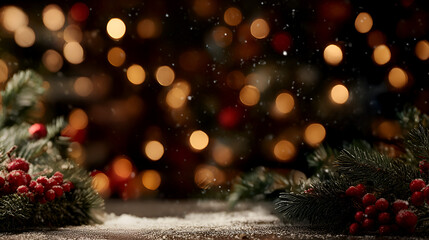 Festive background with green branches and blurry lights 