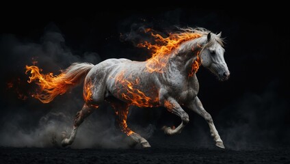 Fiery horse illustration symbolizing the Chinese zodiac year of the Horse 2026. Artistic depiction of a blazing horse with flames representing strength and energy.