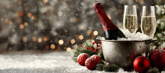 Festive background with a sparkling wine bottle in ice bucket and two glasses, decorated red ornament balls and blurry lights in background 