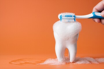 On an orange background, isolated, a large white tooth being cleaned with a toothbrush, foam on the tooth