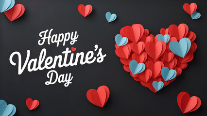 Happy Valentine&rsquo;s Day text with heart shapes on dark background romantic design