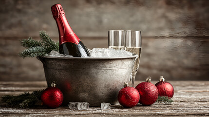 Festive background with a sparkling wine bottle in ice bucket and two glasses, decorated red ornament balls and blurry lights in background 