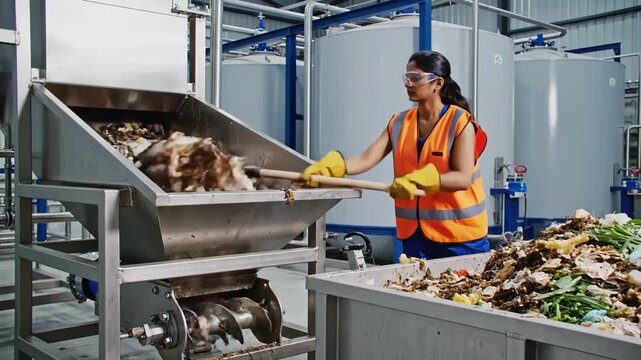 worker feeds food waste into compactor in recycling hall, wearing orange vest and yellow gloves, stainless steel hopper, conveyor and shovel, noisy warehouse atmosphere, methodical sorting of organic