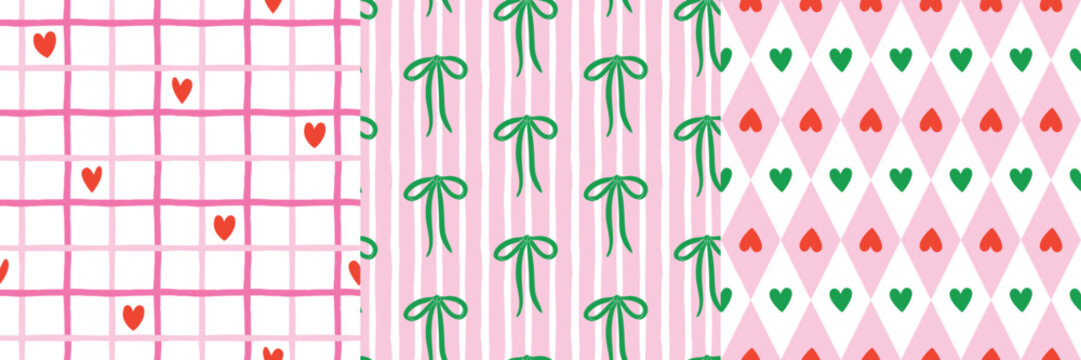 Valentine seamless pattern set with hand-drawn hearts, bow, stripes, and checkered design in pink, red, and green. Background for gift wrap, fabric prints, nightwear, packaging, wallpaper. 
