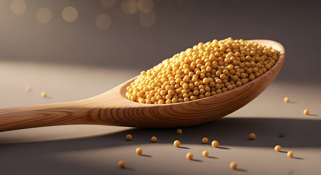 Soybeans Wooden Spoon Grains Yellow Close Up Copy Space - Powered by Adobe