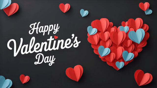 Happy Valentine&rsquo;s Day text with heart shapes on dark background romantic design
