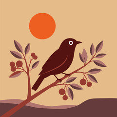 Stylized depiction of a tranquil bird perched on a berry-laden branch under a warm setting sun, embodying a serene nature scene