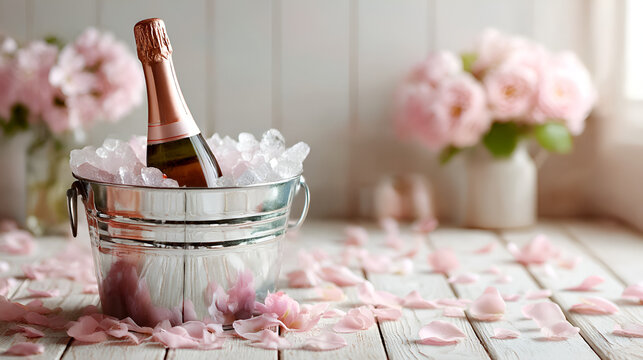 A champagne bottle in a bucket with ice standing on wooden background with pink rose petals 