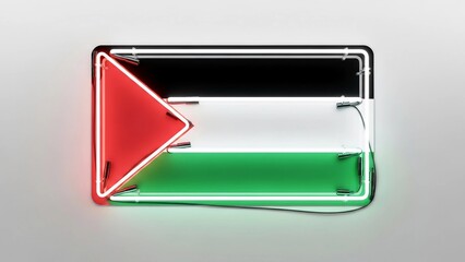 A neon sign displaying the flag of palestine against a plain light gray background