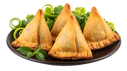 Golden samosas with fresh herbs on a plate isolated on transparent background